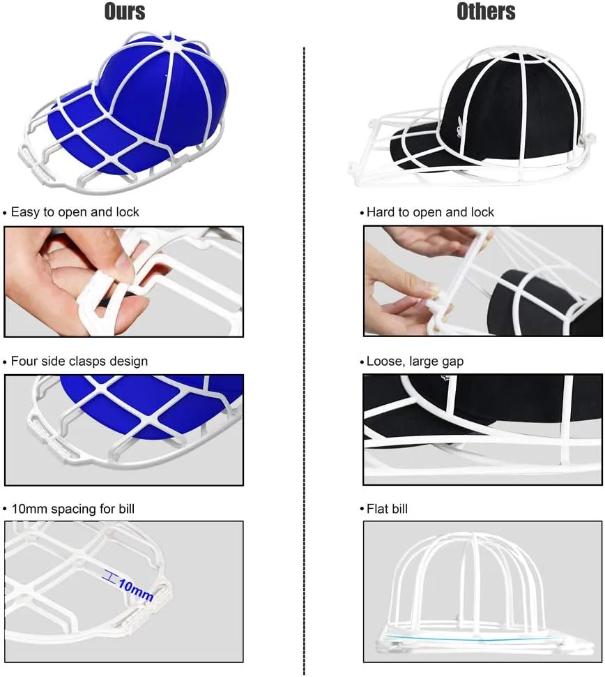 Hat Washer (3 Pack) - Baseball Cap Cleaner for Adults & Kids, Durable Plastic Hat Holder for Portable Washing Machines or Dishwashers, White