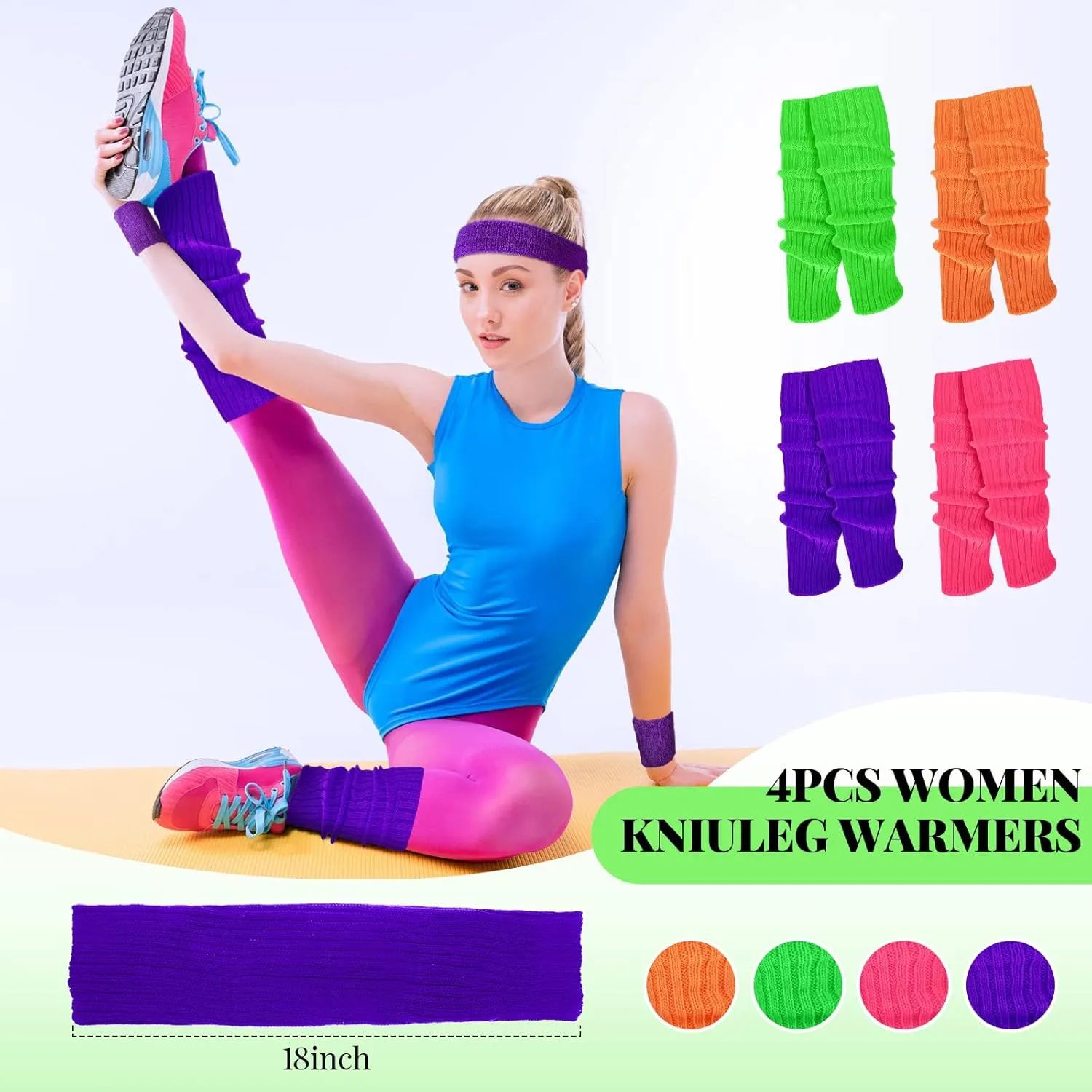 Haysandy Halloween 4 Sets Women 80s Leg Warmers Set Ribbed Leg Warmer for Neon Party with Fitness Headband Wristbands