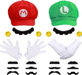 Humairc Super Bros Hats Accessories Set Mary Luigy Caps, Mustaches, Suspenders, Gloves Buttons Halloween Cosplay Costume Humairc Super Bros Hats Accessories Set Mary Luigy Caps, Mustaches, Suspenders, Gloves Buttons Halloween Cosplay Costume