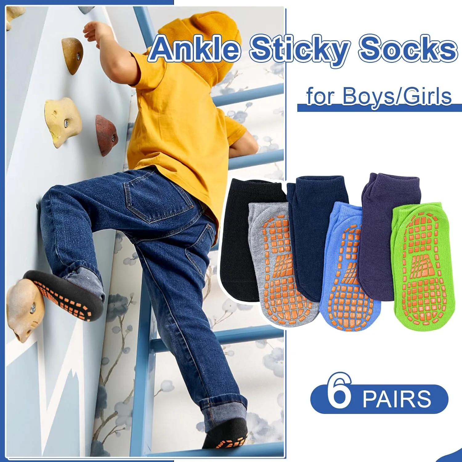 HYCLES Boys Girls Non-Slip Toddler Socks Grip Ankle Sticky Socks Anti-Skid Sock for Kids 6 Pairs for 2-13 Years Kids