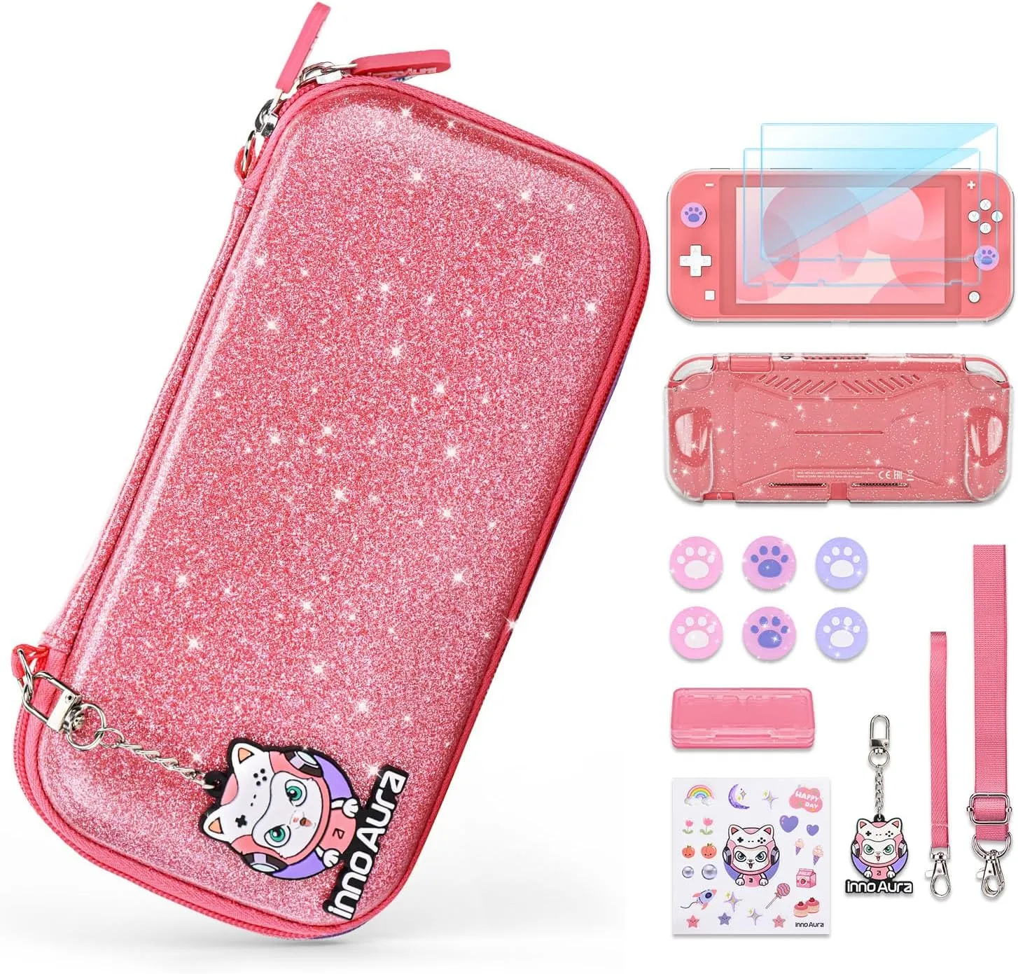 innoAura Switch Lite Carrying Case, Switch Lite Accessories Set with Fashion Switch Lite Bag, Switch Lite Cover, Switch Lite Screen Protector, Switch Game Case and Cat Thumb Caps (Sequins Pink)