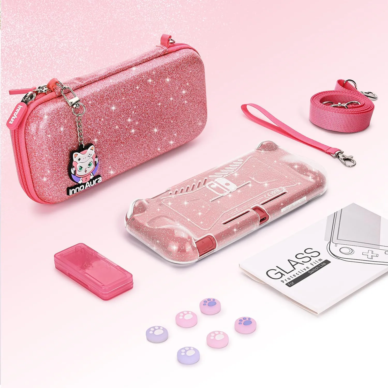 innoAura Switch Lite Carrying Case, Switch Lite Accessories Set with Fashion Switch Lite Bag, Switch Lite Cover, Switch Lite Screen Protector, Switch Game Case and Cat Thumb Caps (Sequins Pink)