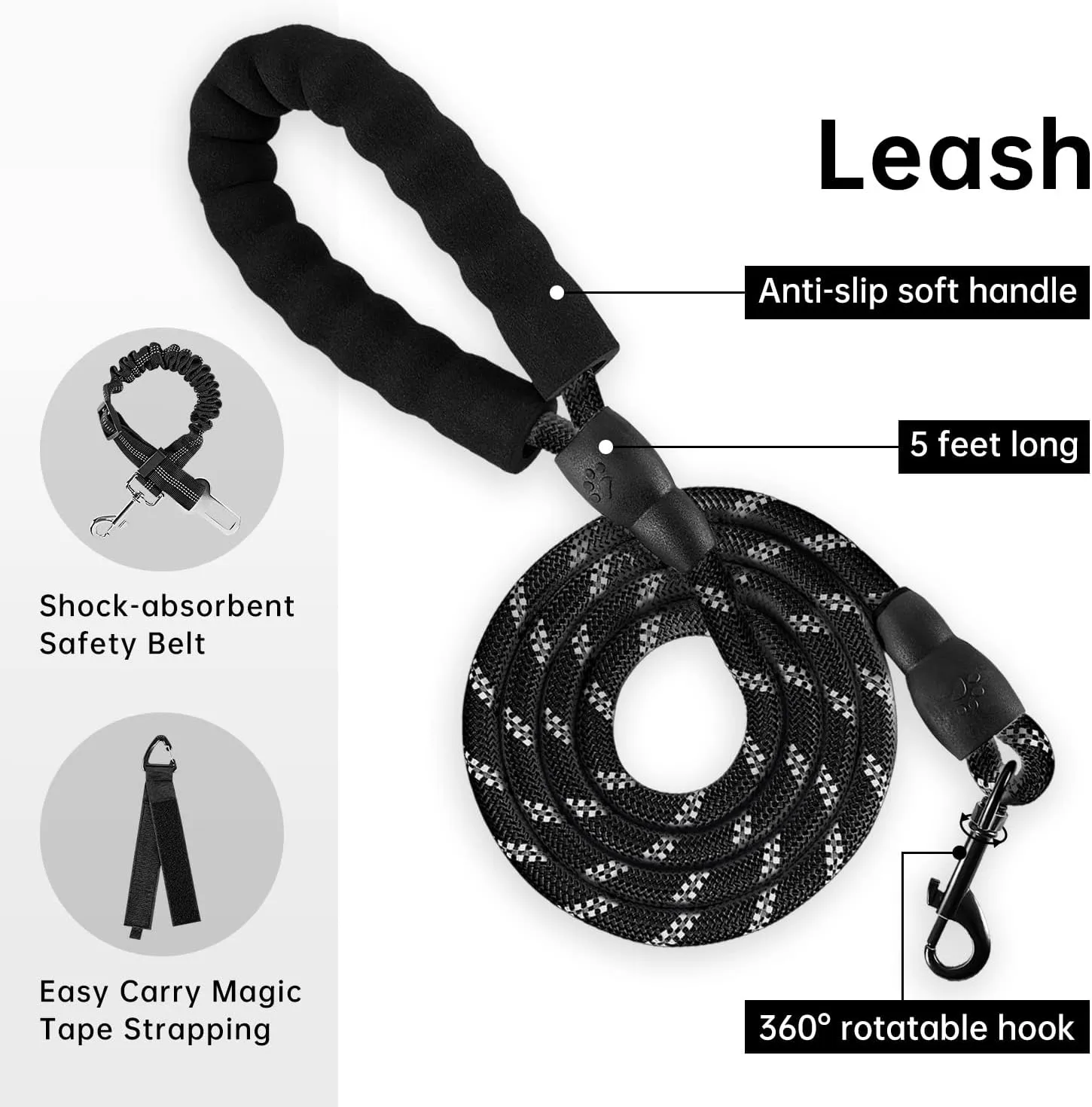IVY&LANE No Pull Dog Harness for Small Dogs, Dog Vest Harness with Leash, Safety Belt and Storage Strap, Fully Adjustable Harness, 360 Reflective Strip, Soft Handle (Black, S)