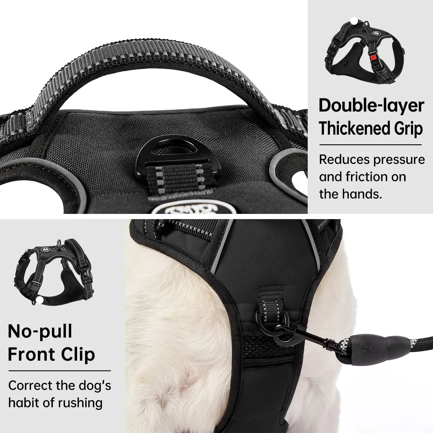 IVY&LANE No Pull Dog Harness for Small Dogs, Dog Vest Harness with Leash, Safety Belt and Storage Strap, Fully Adjustable Harness, 360 Reflective Strip, Soft Handle (Black, S)