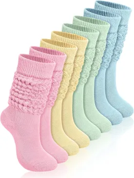 Janmercy 4 Pairs Slouch Socks for Women Bulk Stacked Boot 80s 90s Neon Slouch Knit Scrunchie Socks