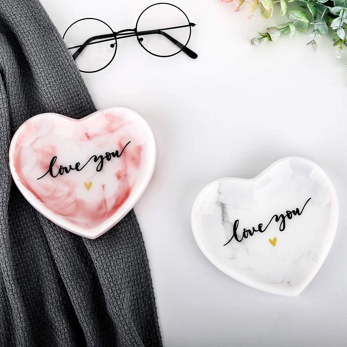 Jewelry Tray Dish, Heart Shaped Ring Dish Decorative Trinket Plate with Words - Love You Romantic Gifts for Her Mom Daughter Sister Best Friend, White Marble