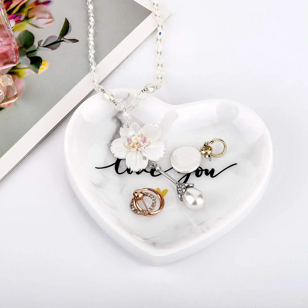 Jewelry Tray Dish, Heart Shaped Ring Dish Decorative Trinket Plate with Words - Love You Romantic Gifts for Her Mom Daughter Sister Best Friend, White Marble