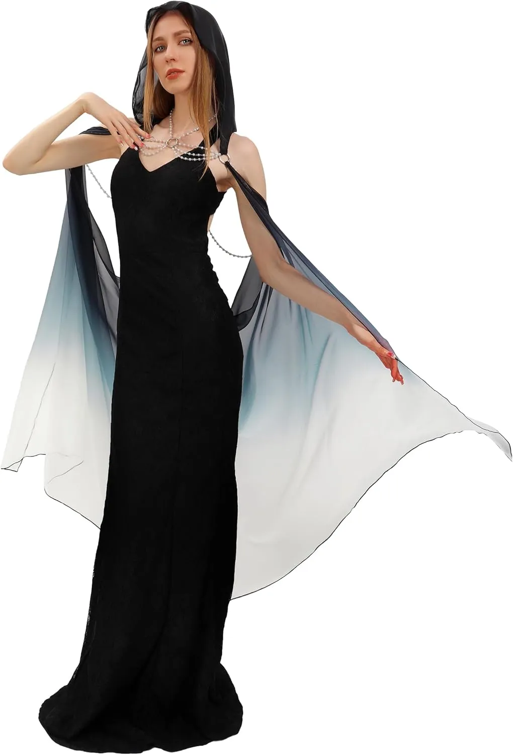KUOIN Hooded Cape for Women Full Length Tulle Gothic Bridal Fairy Cloak Off Shoudler Capelet 112CM