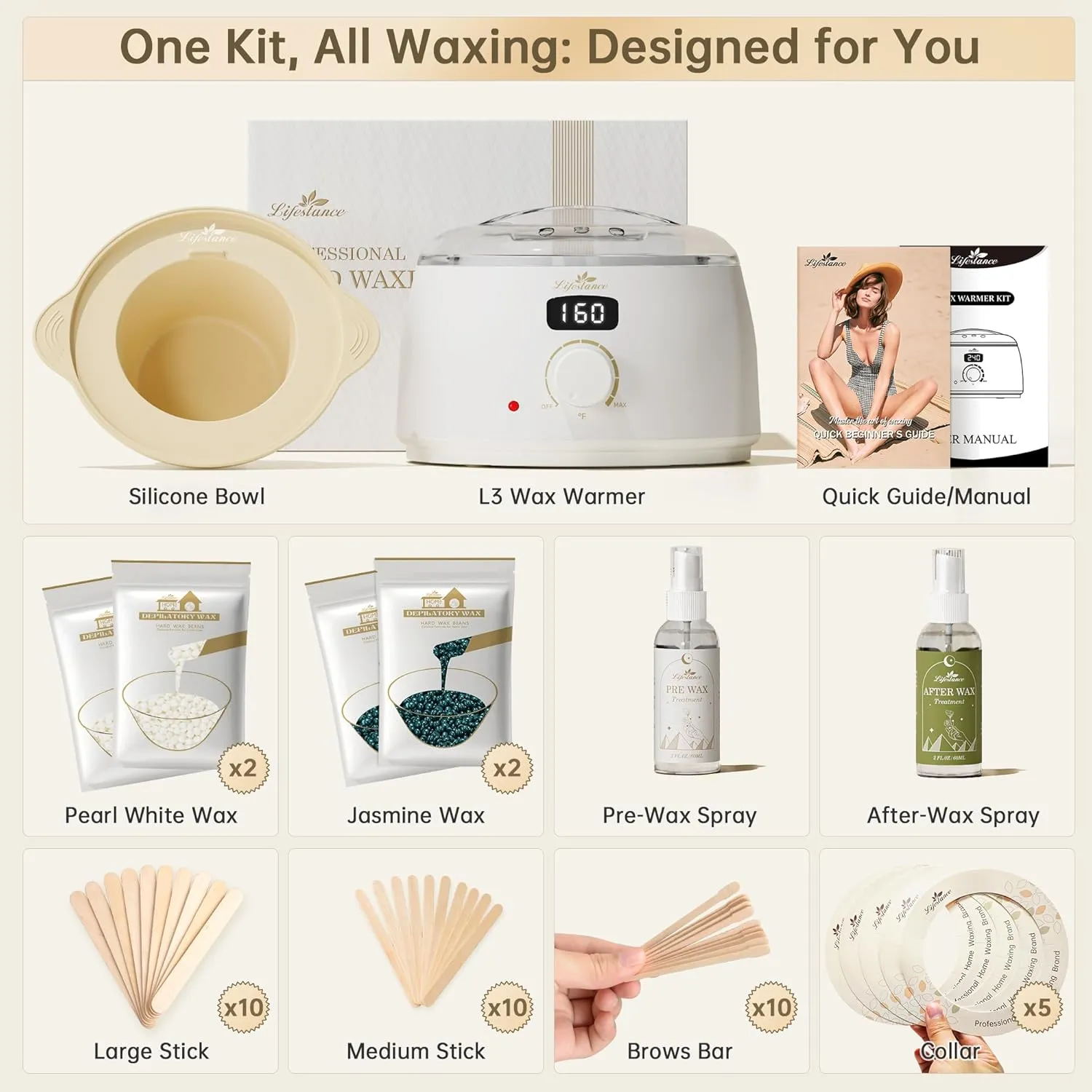 Lifestance Waxing Kit for Women & Men - L3 Digital Warmer, Silicone Wax Pot Liner, Hair Removal Kit with 4 Hard Wax Beads (14.1oz) & 45 Accessories, Professional for Brazilian, Bikini, Face, Leg, Body