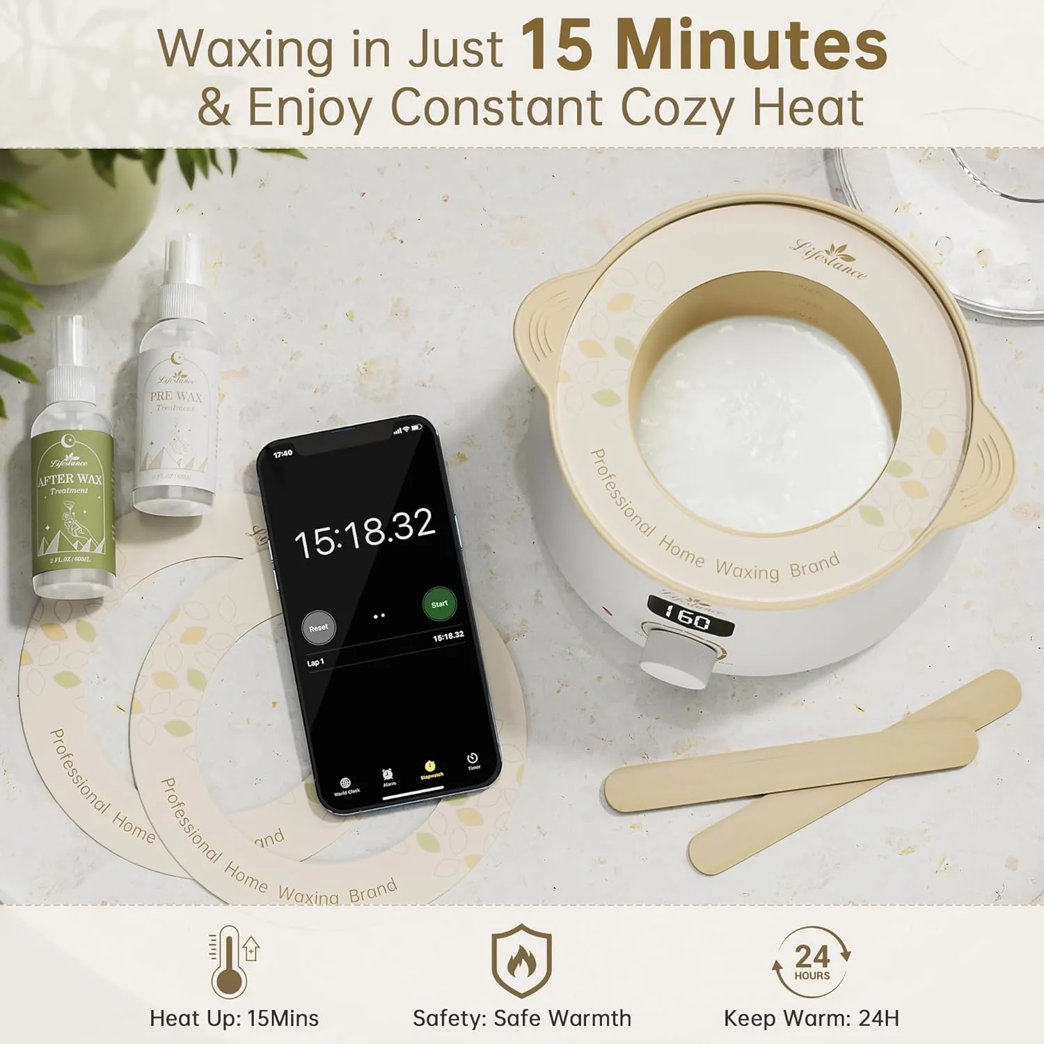 Lifestance Waxing Kit for Women & Men - L3 Digital Warmer, Silicone Wax Pot Liner, Hair Removal Kit with 4 Hard Wax Beads (14.1oz) & 45 Accessories, Professional for Brazilian, Bikini, Face, Leg, Body