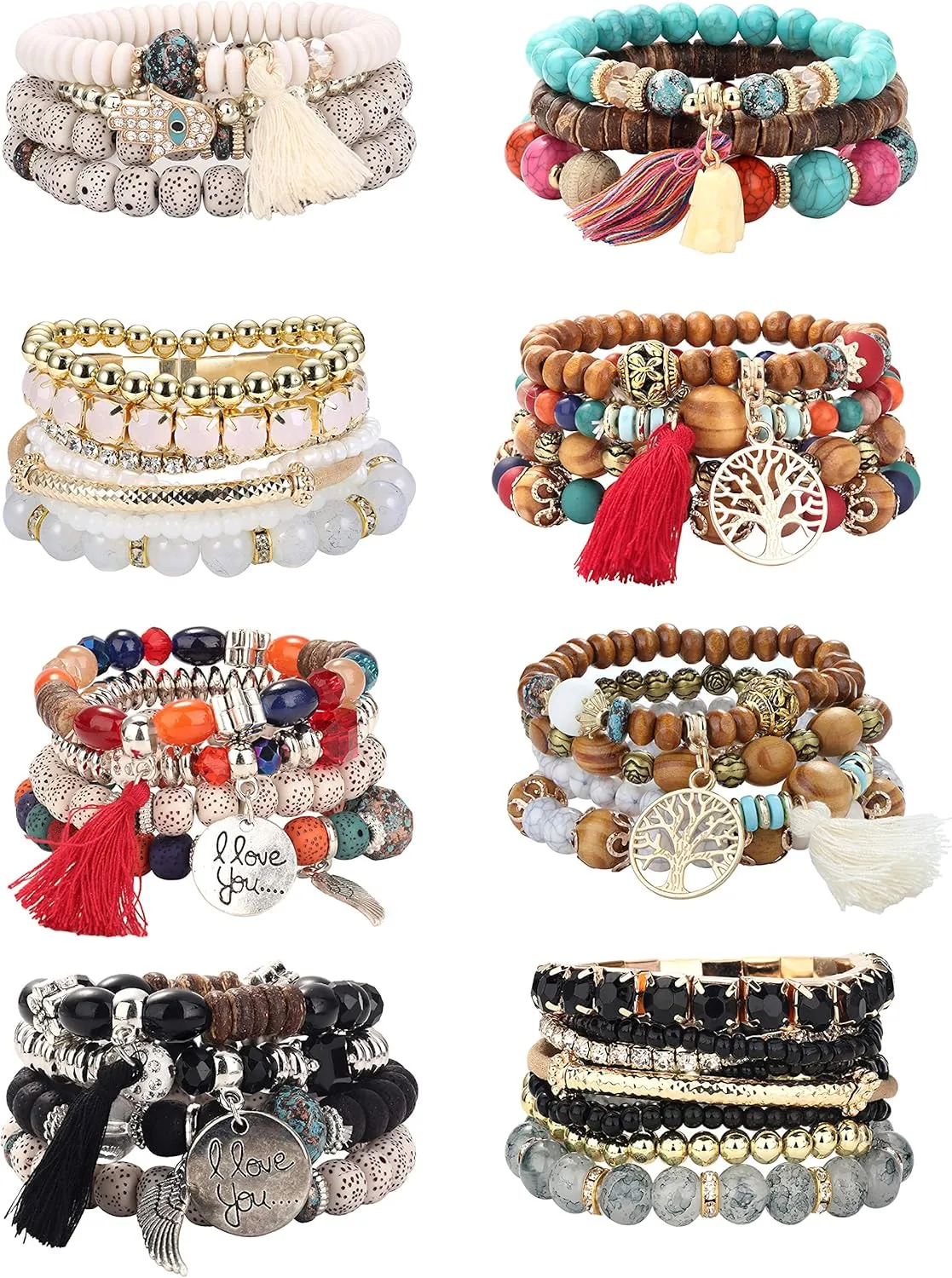 LOYALLOOK 8 Sets Bohemian Stackable Bead Bracelets for Women Stretch Multilayered Boho Stackable Bracelets Stack Beads Multicolor Beaded Strand Bangle Charm Bracelets Boho Tassel Bracelet Set Handmade