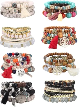 LOYALLOOK 8 Sets Bohemian Stackable Bead Bracelets for Women Stretch Multilayered Boho Stackable Bracelets Stack Beads Multicolor Beaded Strand Bangle Charm Bracelets Boho Tassel Bracelet Set Handmade