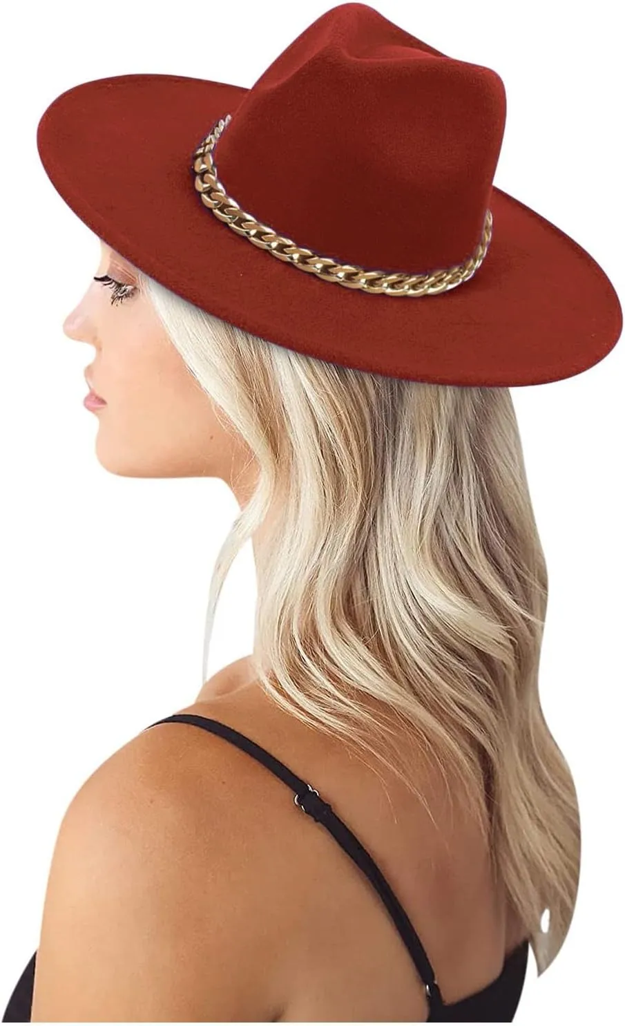 Men Womens Fedora Hat Western Floppy Panama Hat Wide Brim Hat with Chain Belt Buckle Big Wide Brim Fedora Hat