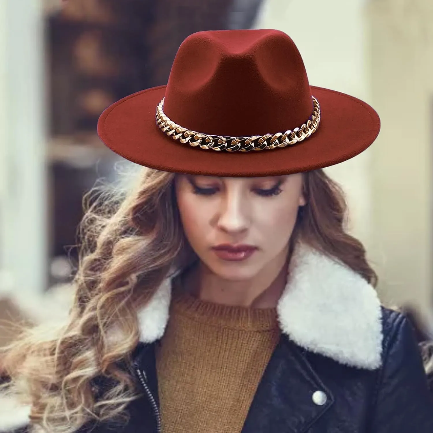Men Womens Fedora Hat Western Floppy Panama Hat Wide Brim Hat with Chain Belt Buckle Big Wide Brim Fedora Hat