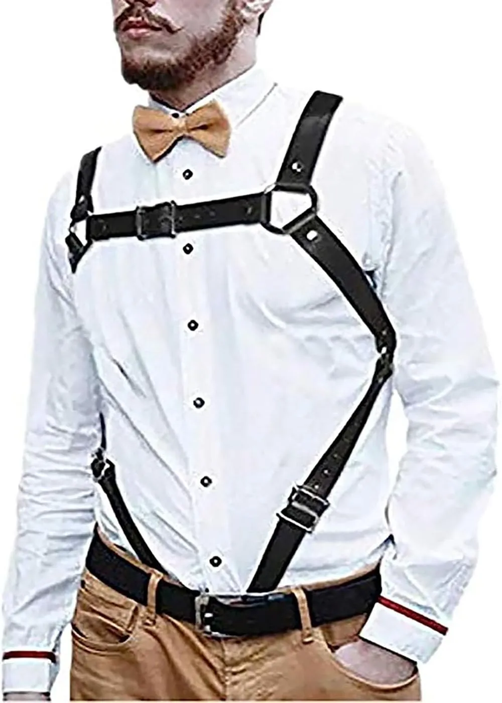Mens Black Leather Armors Suspenders Shoulder Strap Body Chest Harness Chain Belt Adjustable Gay Punk Clubwear Costume