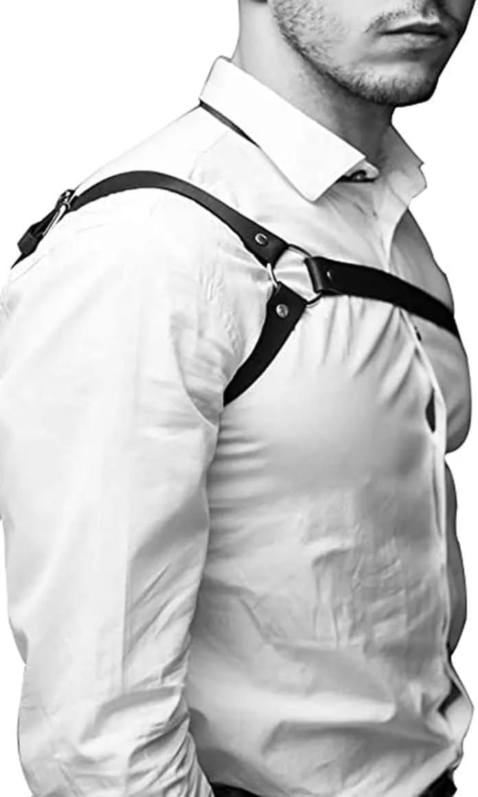 Men's Black Leather Body Chain Chest Harness Belt Shoulder Straps Adjustable Buckle Straps Costume Party Carnival