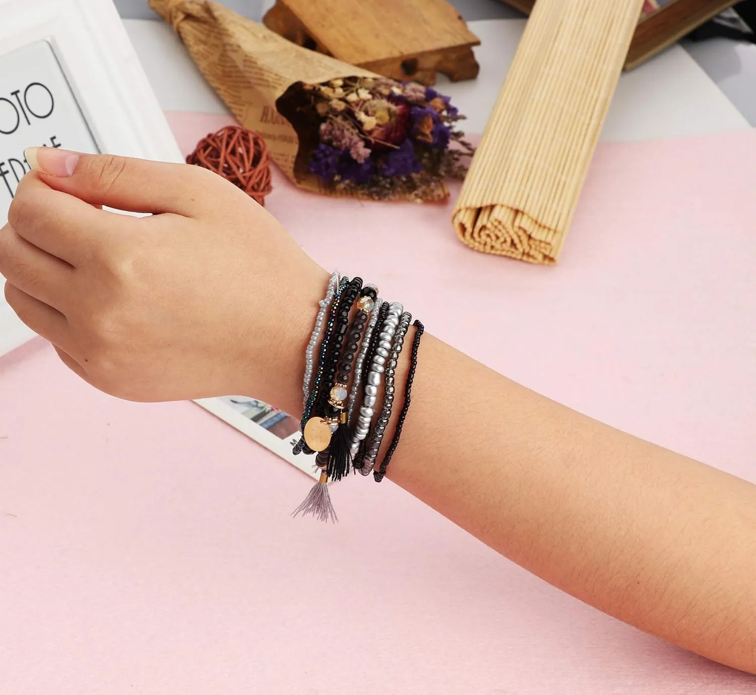 MILACOLATO 6Sets Boho Bead Bracelets Set Multilayered Stackable Bracelets Comfortable Stretch Bracelets Multicolor Bohemian Charm Bracelets for Women Men