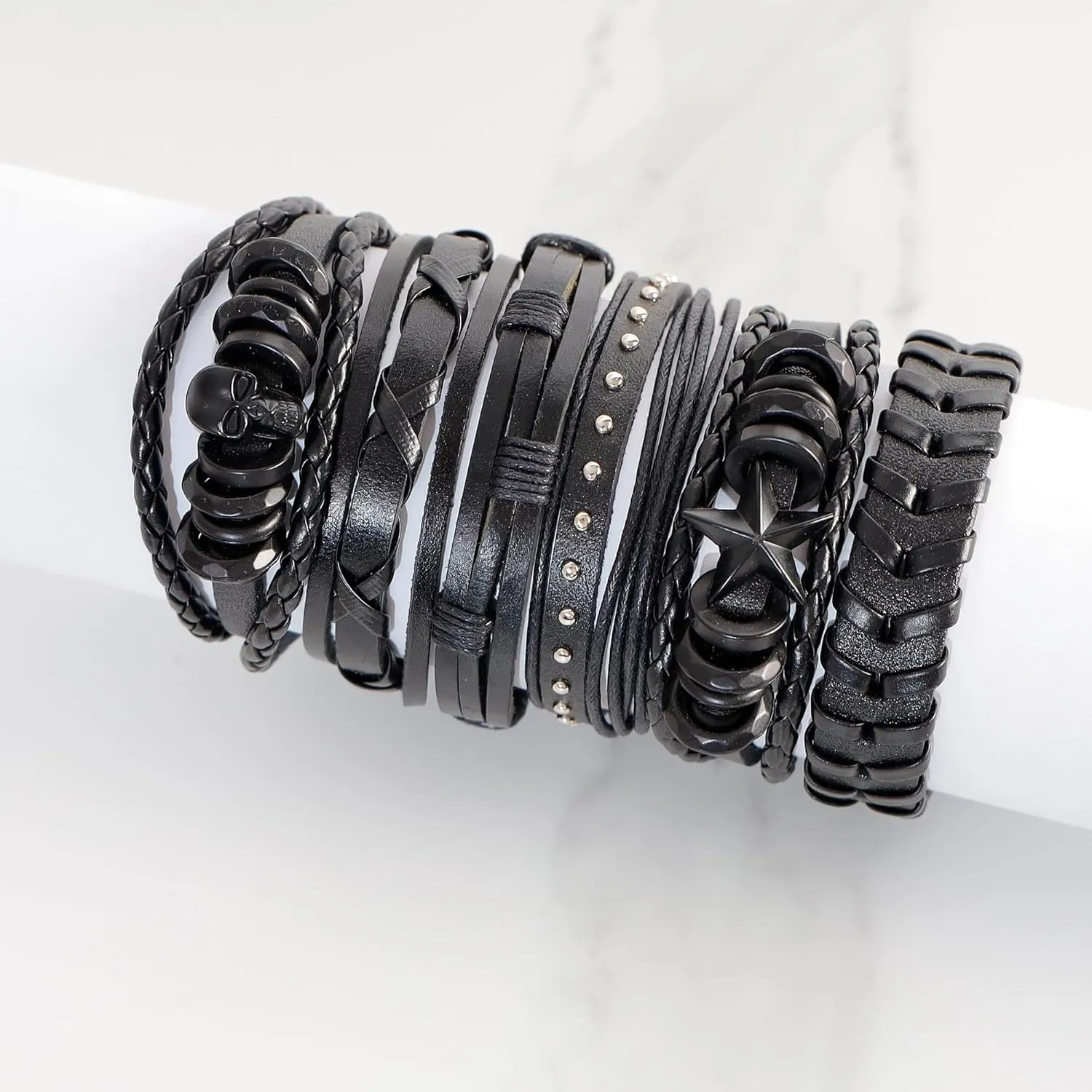 MILAKOO 6Pcs Punk Leather Bracelets for Women Men Braided PU Wristband Skull Skeleton Accessories