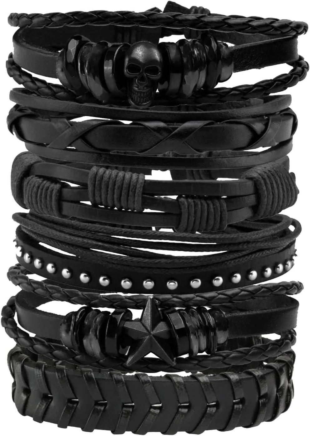 MILAKOO 6Pcs Punk Leather Bracelets for Women Men Braided PU Wristband Skull Skeleton Accessories