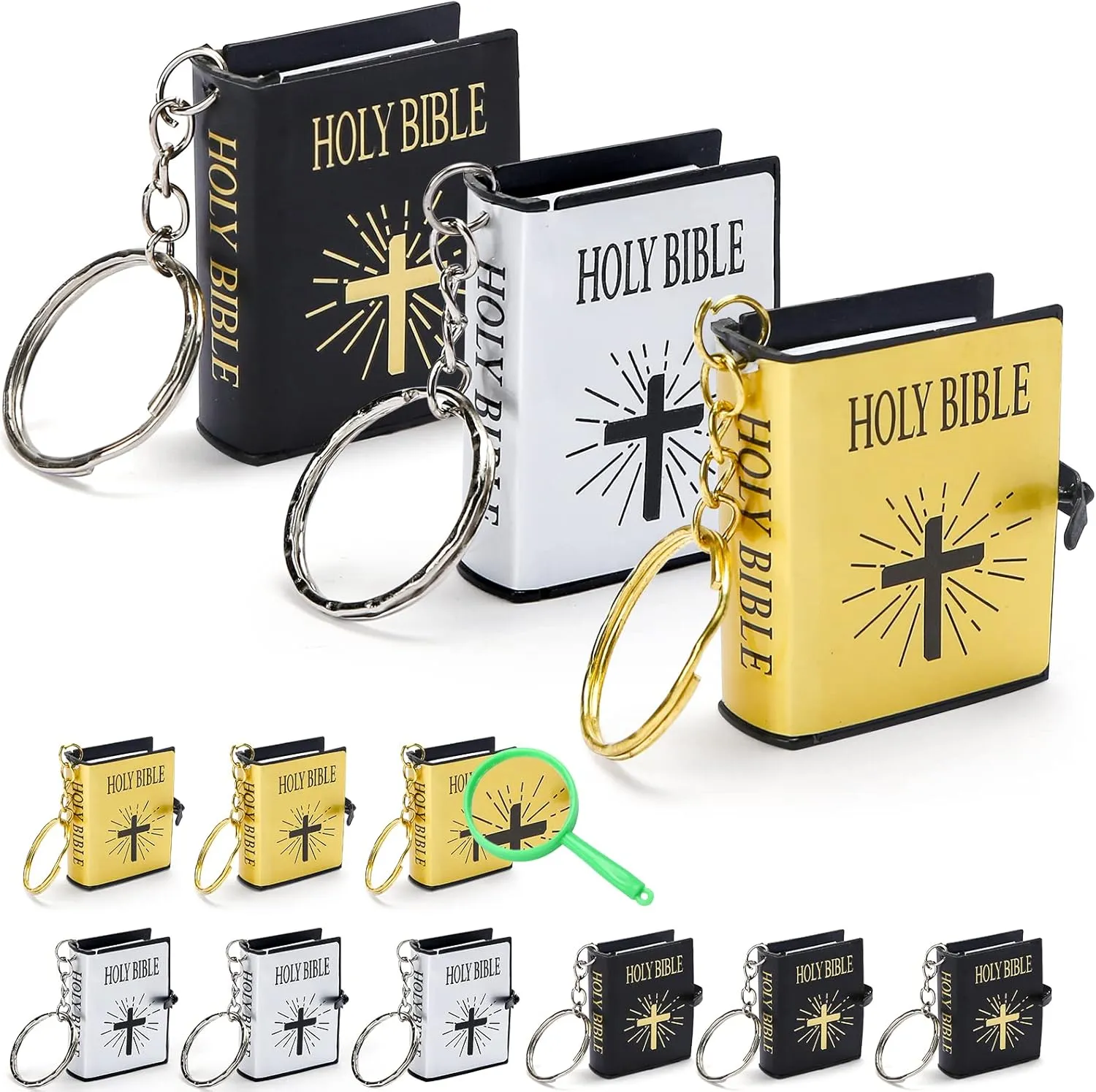 Mini Bible Keychain, Tiny Miniature Real Bibles Key Chains for Handbag Pendant Charms Gift with Magnifying Glass