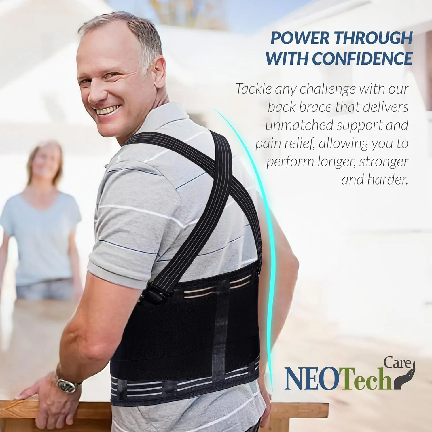NeoTech Care Adjustable Back Brace Lumbar Support Belt with Suspenders, Black, Size L