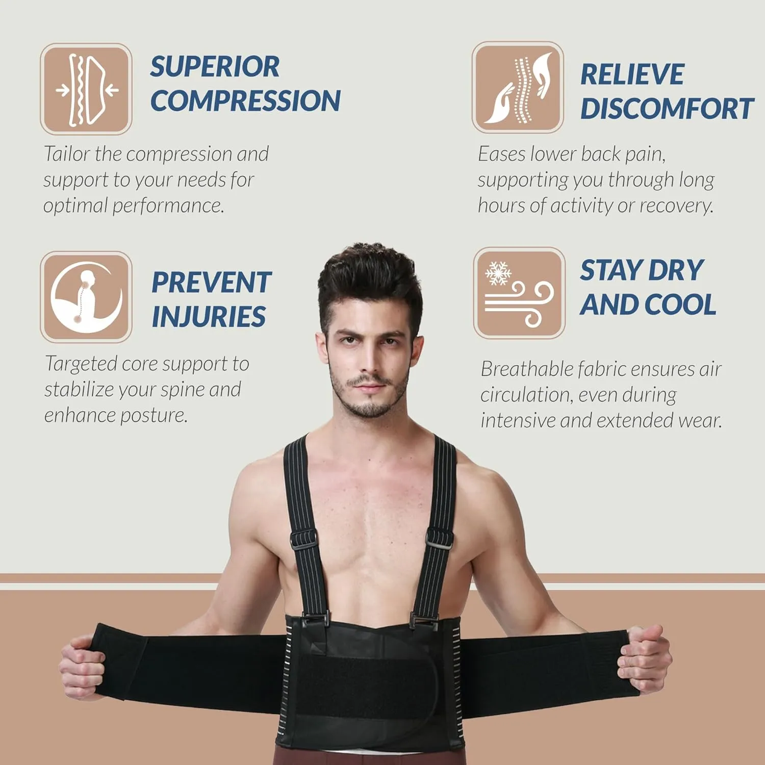 NeoTech Care Adjustable Back Brace Lumbar Support Belt with Suspenders, Black, Size L