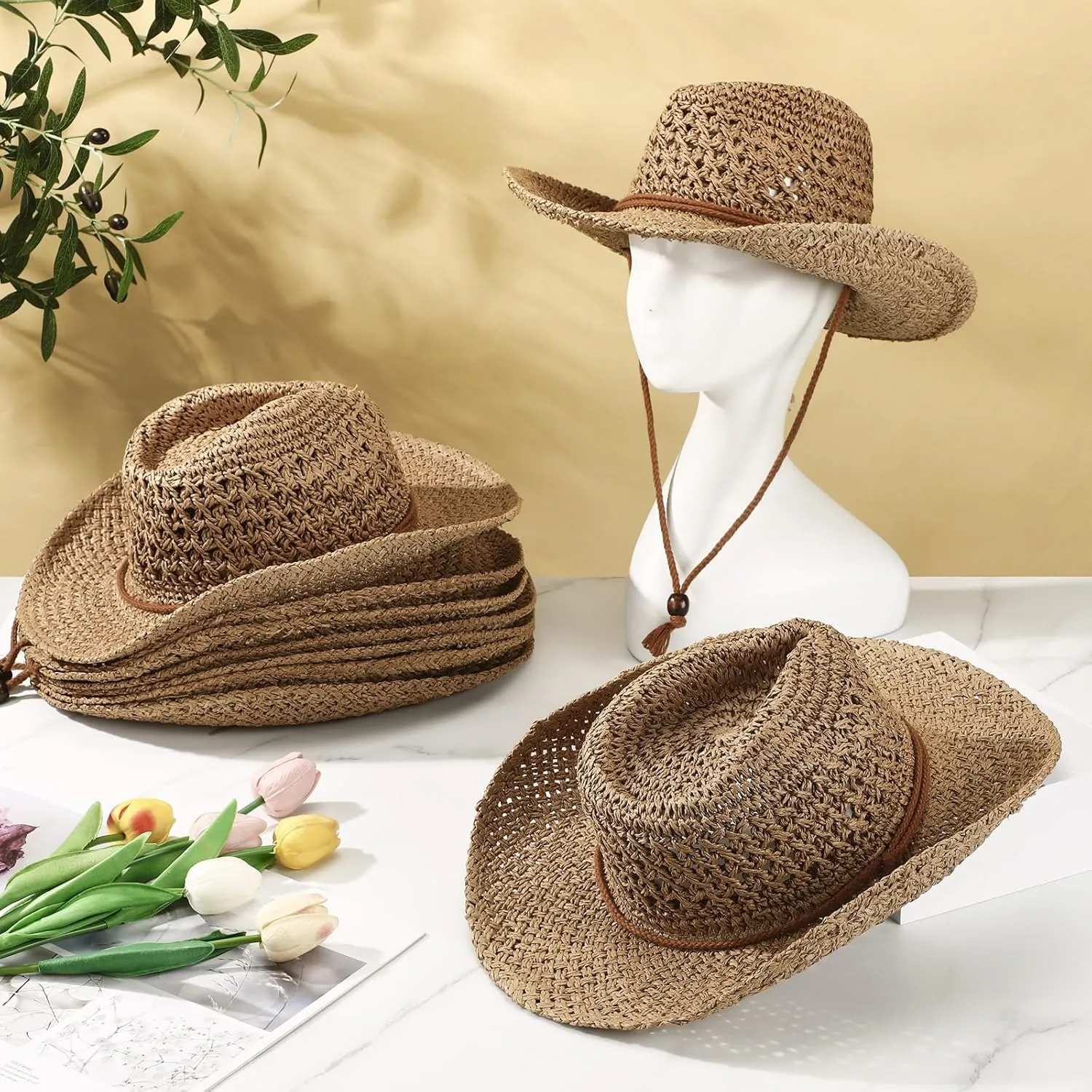 Newcotte 9 Pack Straw Cowboy Hats for Women Western Cowgirl Beach Sun Hat Bulk with Windproof Rope for Party Travel
