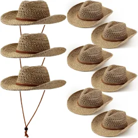 Newcotte 9 Pack Straw Cowboy Hats for Women Western Cowgirl Beach Sun Hat Bulk with Windproof Rope for Party Travel Newcotte 9 Pack Straw Cowboy Hats for Women Western Cowgirl Beach Sun Hat Bulk with Windproof Rope for Party Travel