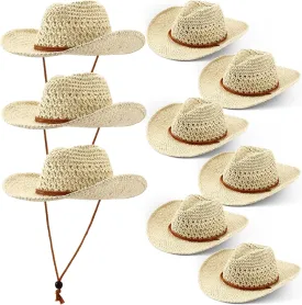 Newcotte 9 Pack Straw Cowboy Hats for Women Western Cowgirl Beach Sun Hat Bulk with Windproof Rope for Party Travel Newcotte 9 Pack Straw Cowboy Hats for Women Western Cowgirl Beach Sun Hat Bulk with Windproof Rope for Party Travel