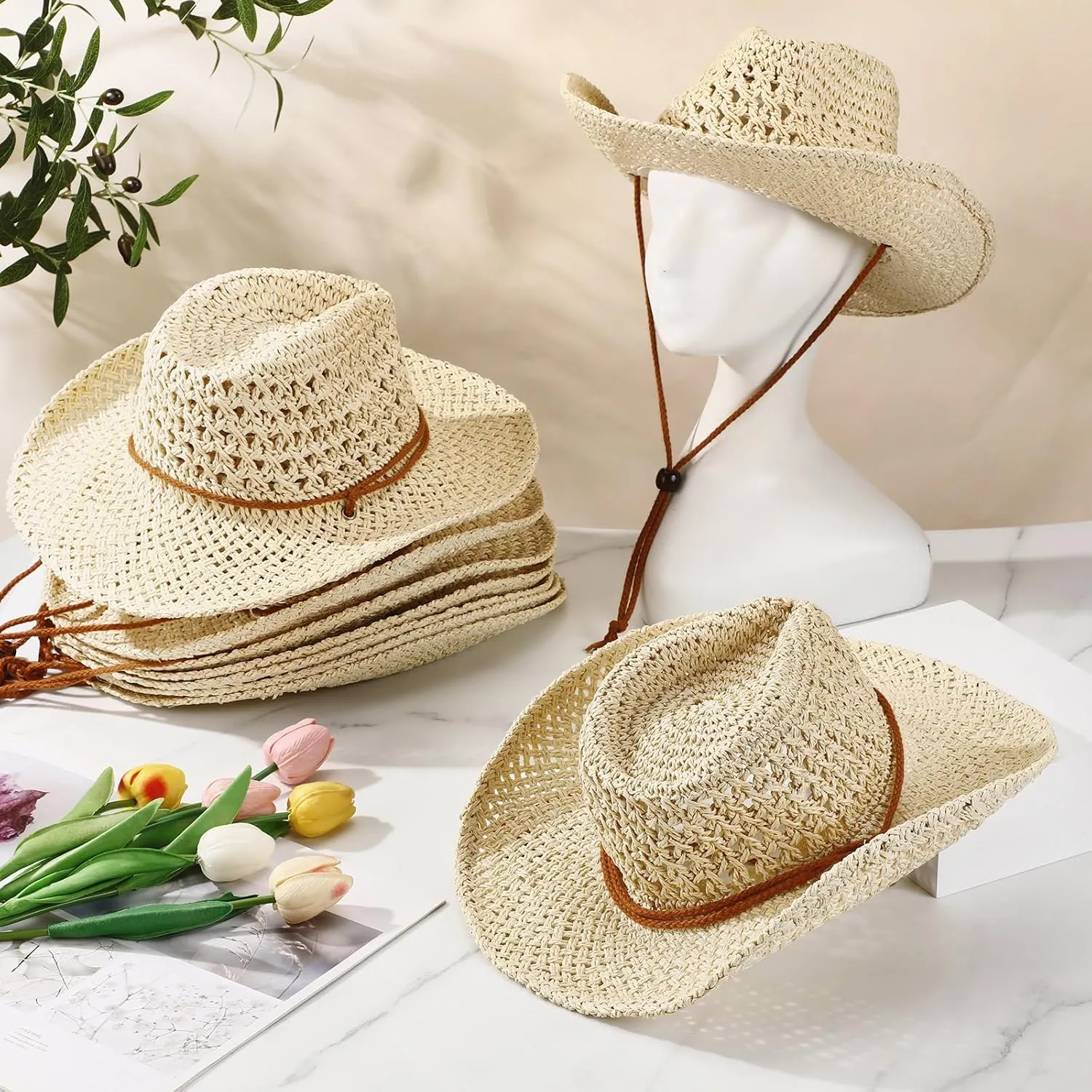 Newcotte 9 Pack Straw Cowboy Hats for Women Western Cowgirl Beach Sun Hat Bulk with Windproof Rope for Party Travel