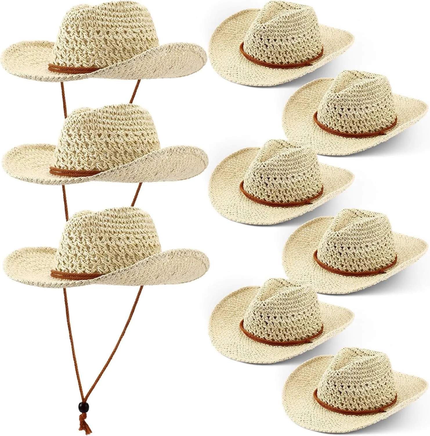 Newcotte 9 Pack Straw Cowboy Hats for Women Western Cowgirl Beach Sun Hat Bulk with Windproof Rope for Party Travel