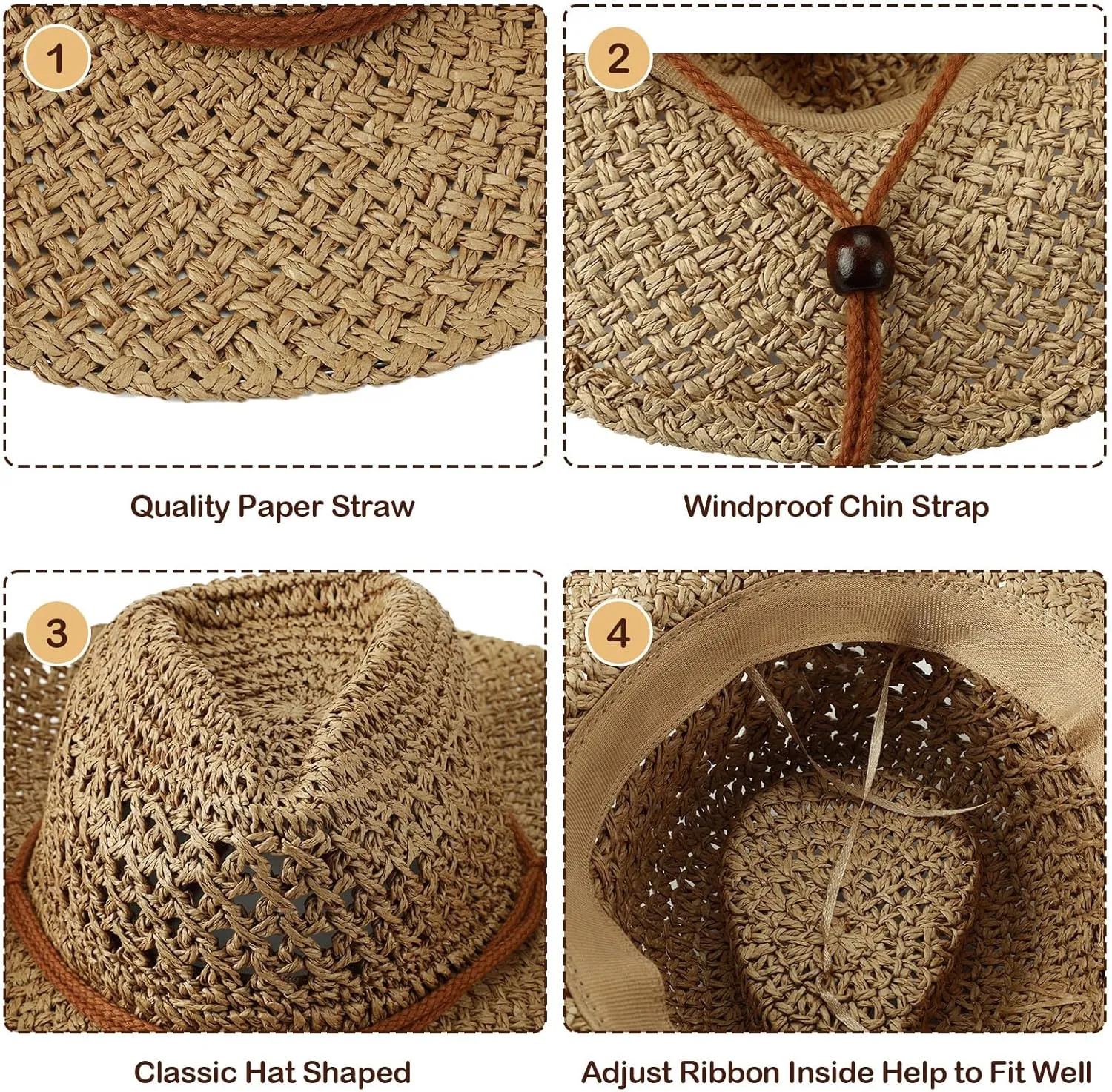 Newcotte 9 Pack Straw Cowboy Hats for Women Western Cowgirl Beach Sun Hat Bulk with Windproof Rope for Party Travel