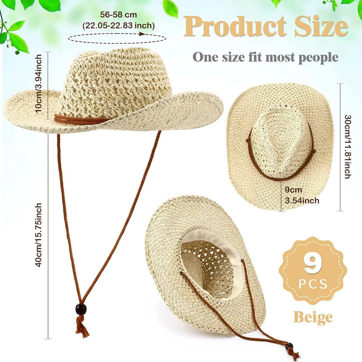 Newcotte 9 Pack Straw Cowboy Hats for Women Western Cowgirl Beach Sun Hat Bulk with Windproof Rope for Party Travel