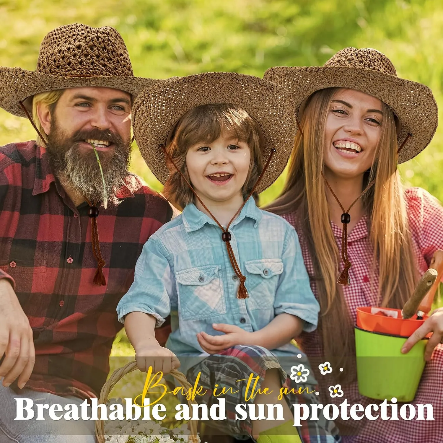 Newcotte 9 Pack Straw Cowboy Hats for Women Western Cowgirl Beach Sun Hat Bulk with Windproof Rope for Party Travel
