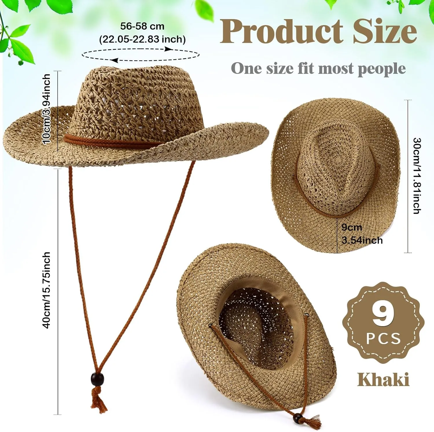 Newcotte 9 Pack Straw Cowboy Hats for Women Western Cowgirl Beach Sun Hat Bulk with Windproof Rope for Party Travel