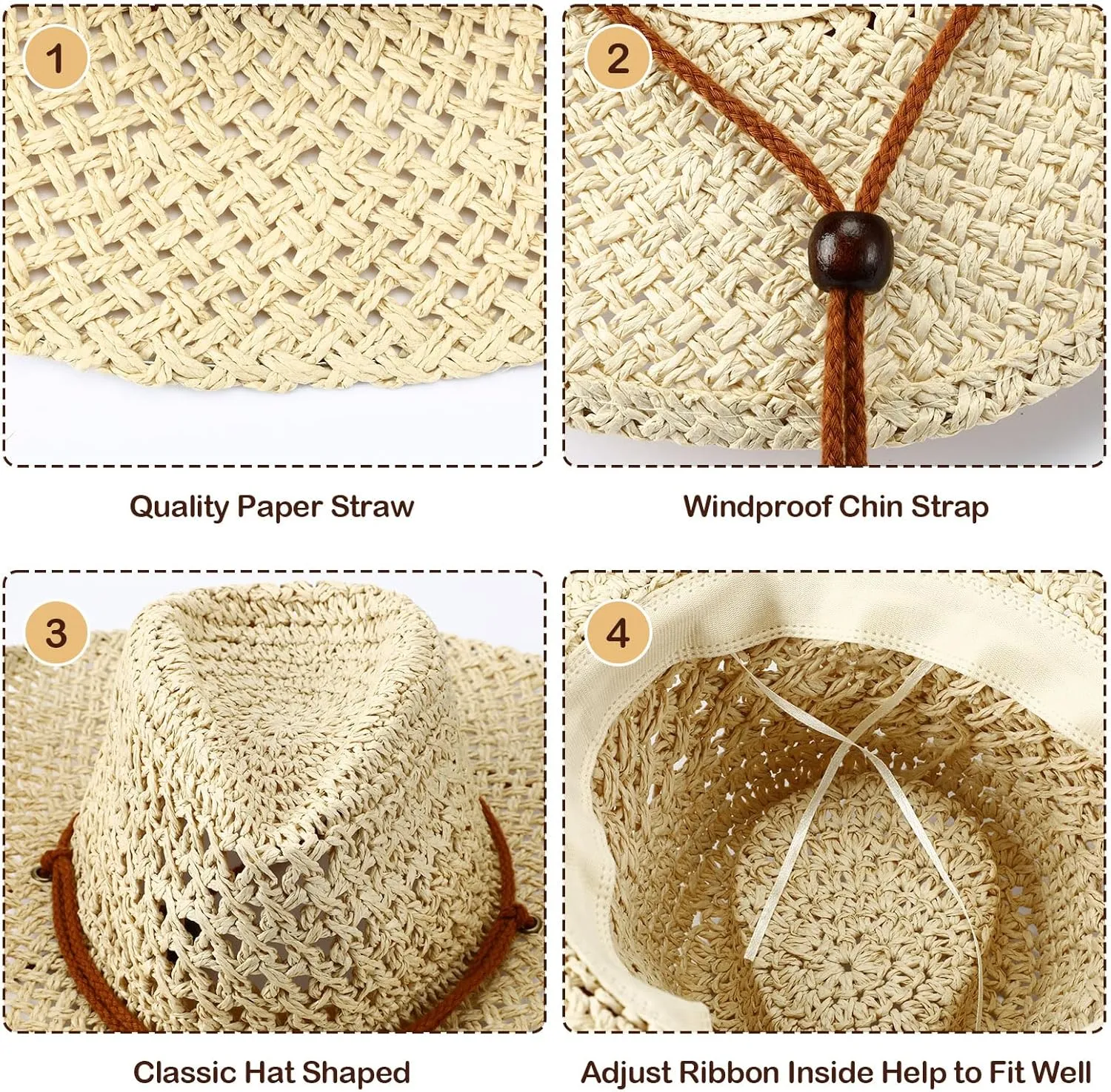 Newcotte 9 Pack Straw Cowboy Hats for Women Western Cowgirl Beach Sun Hat Bulk with Windproof Rope for Party Travel