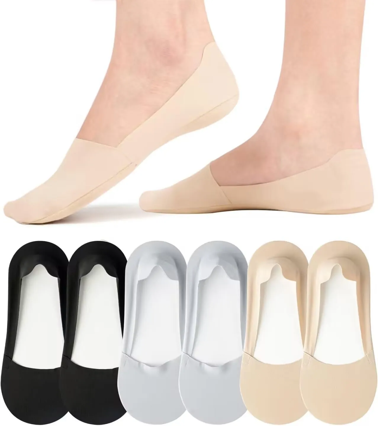 No Show Socks Womens Nylon Non Slip Low Cut Invisible Liner Footies Thin Silk Socks for Flats Loafers Lightweight 6 Pairs