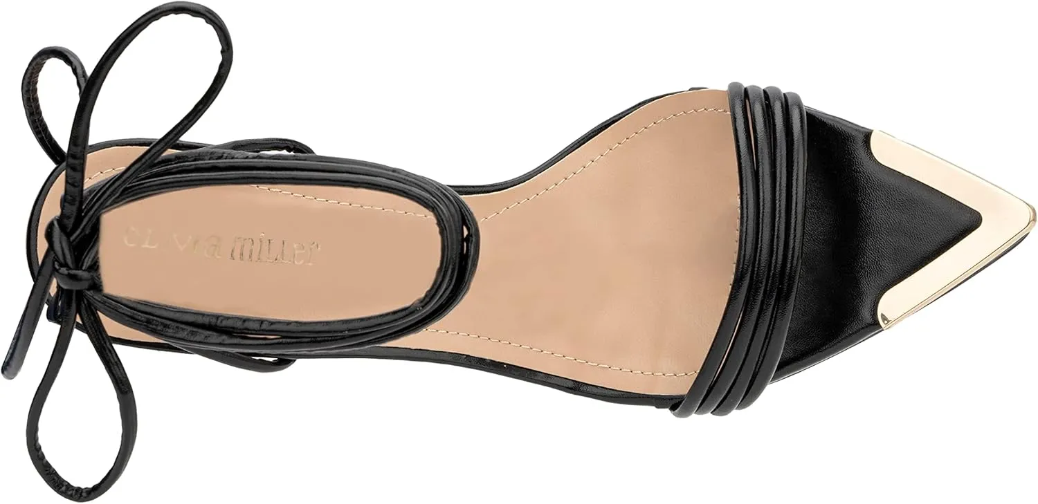 Olivia Miller Womens Fashion Ladies Shoes, PU Vegan Leather w Ankle Lace Up Strap, Trendy Party Single Strap Open Pointed Tip Toe Stiletto, Slide On 4 Inch High Mid Heel Sandals