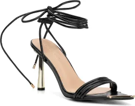 Olivia Miller Womens Fashion Ladies Shoes, PU Vegan Leather w Ankle Lace Up Strap, Trendy Party Single Strap Open Pointed Tip Toe Stiletto, Slide On 4 Inch High Mid Heel Sandals