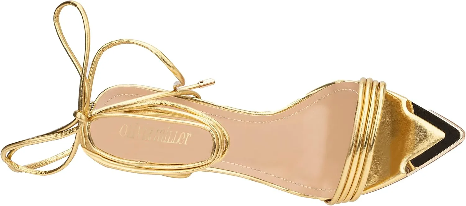 Olivia Miller Womens Fashion Ladies Shoes, PU Vegan Leather w Ankle Lace Up Strap, Trendy Party Single Strap Open Pointed Tip Toe Stiletto, Slide On 4 Inch High Mid Heel Sandals
