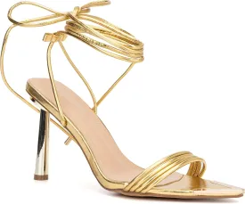 Olivia Miller Womens Fashion Ladies Shoes, PU Vegan Leather w Ankle Lace Up Strap, Trendy Party Single Strap Open Pointed Tip Toe Stiletto, Slide On 4 Inch High Mid Heel Sandals