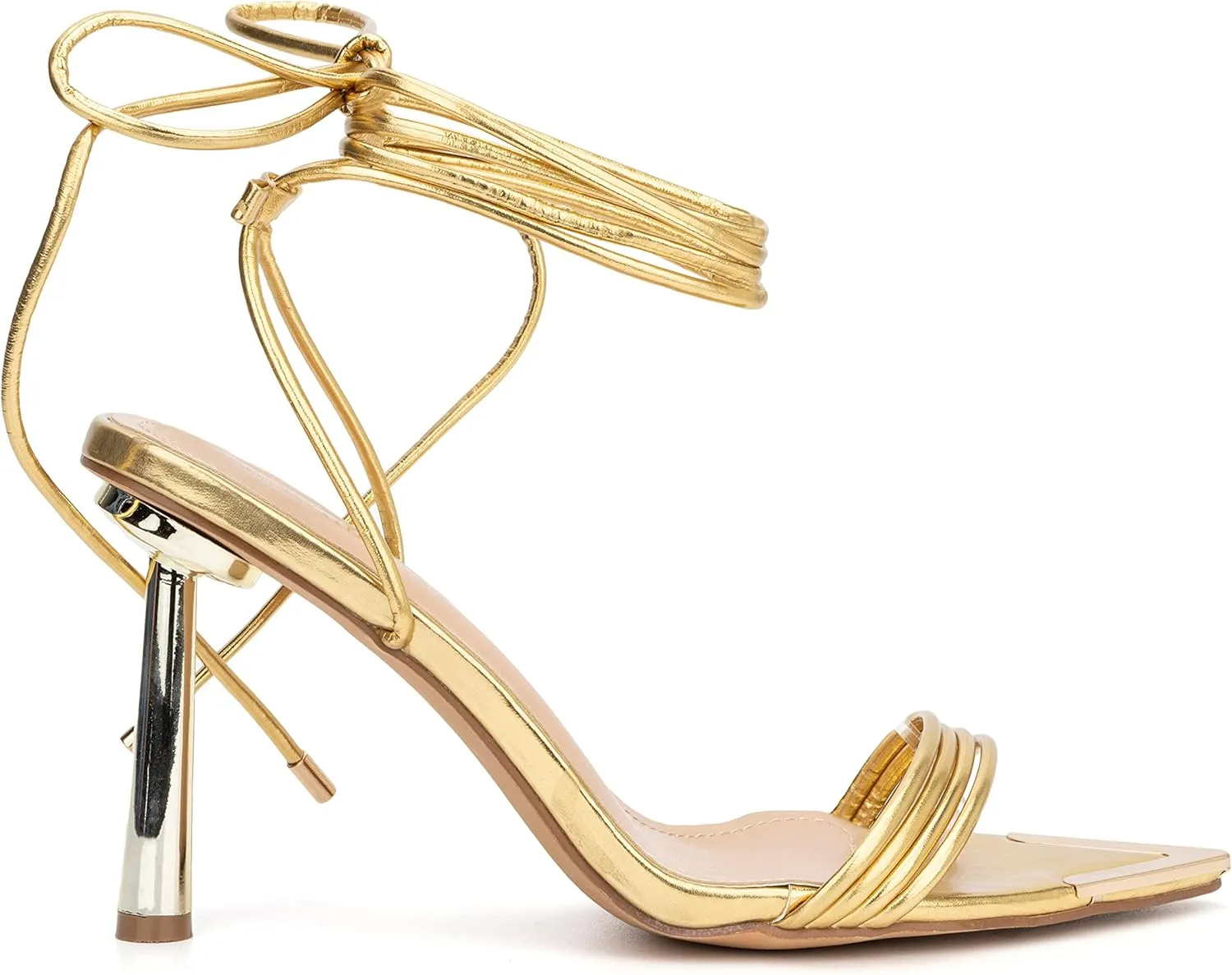 Olivia Miller Womens Fashion Ladies Shoes, PU Vegan Leather w Ankle Lace Up Strap, Trendy Party Single Strap Open Pointed Tip Toe Stiletto, Slide On 4 Inch High Mid Heel Sandals