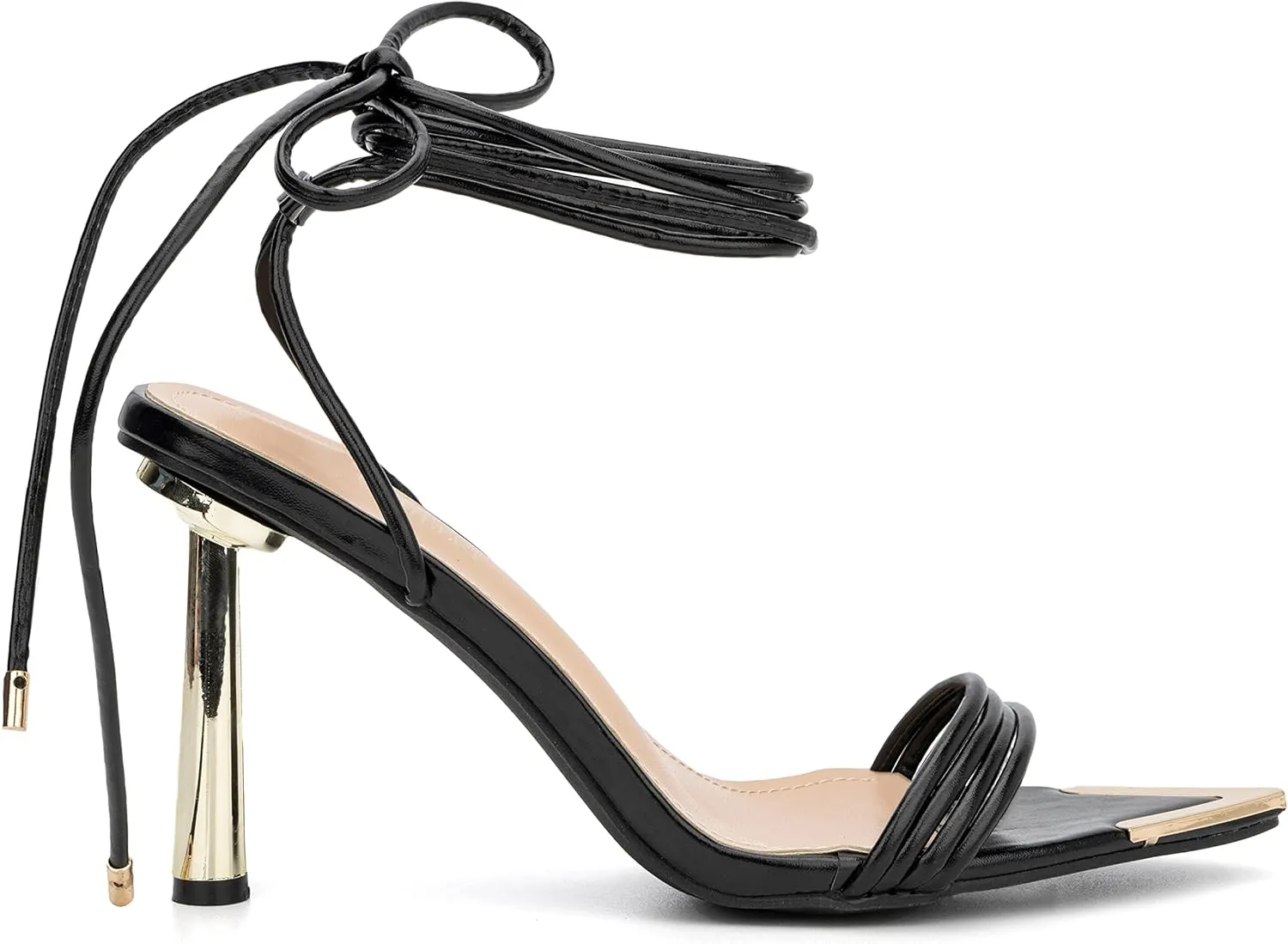 Olivia Miller Womens Fashion Ladies Shoes, PU Vegan Leather w Ankle Lace Up Strap, Trendy Party Single Strap Open Pointed Tip Toe Stiletto, Slide On 4 Inch High Mid Heel Sandals