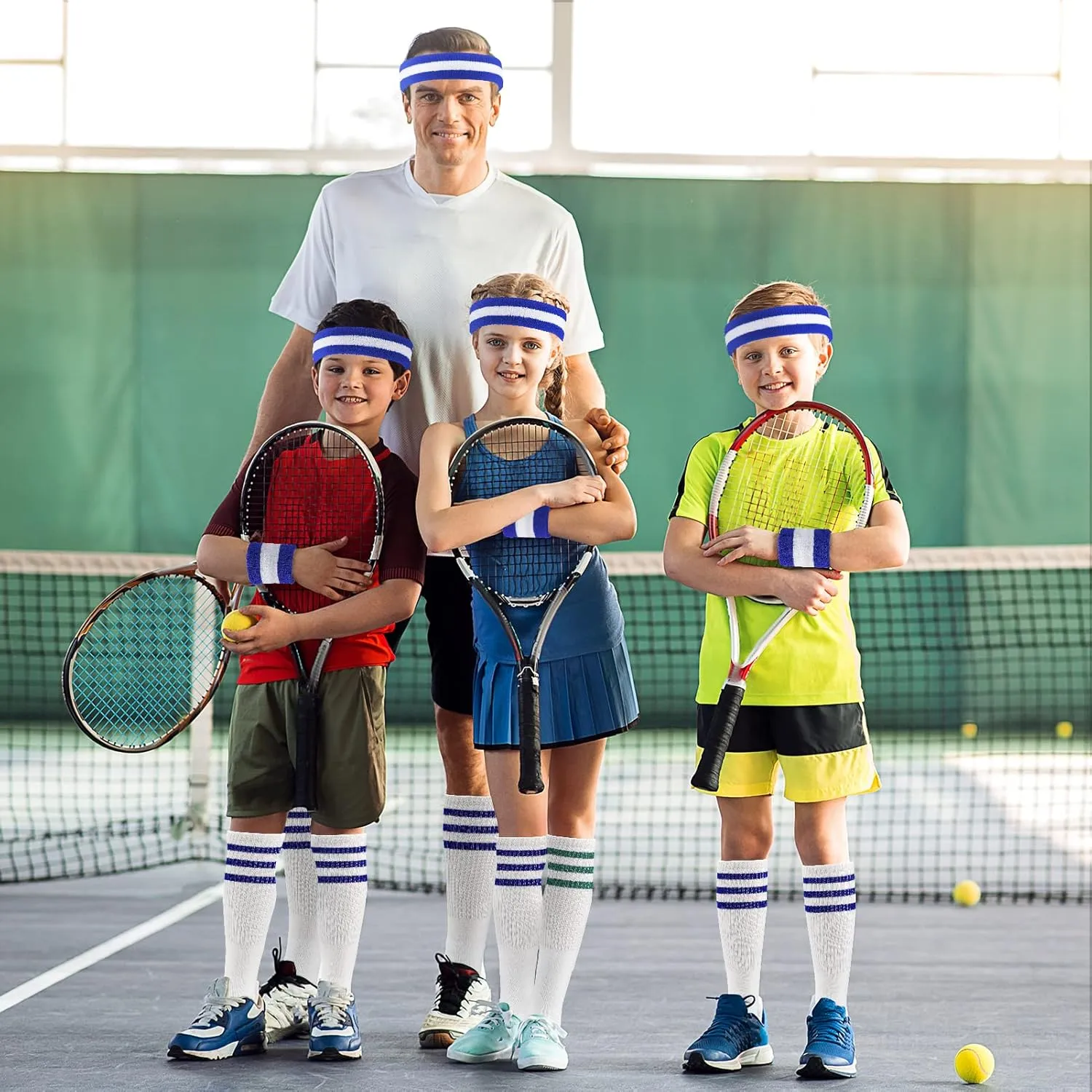 ONUPGO 5 Pieces Sweatbands Striped Socks Set Sports Headband Wristbands High Tube Socks 80s Accessories Costumes