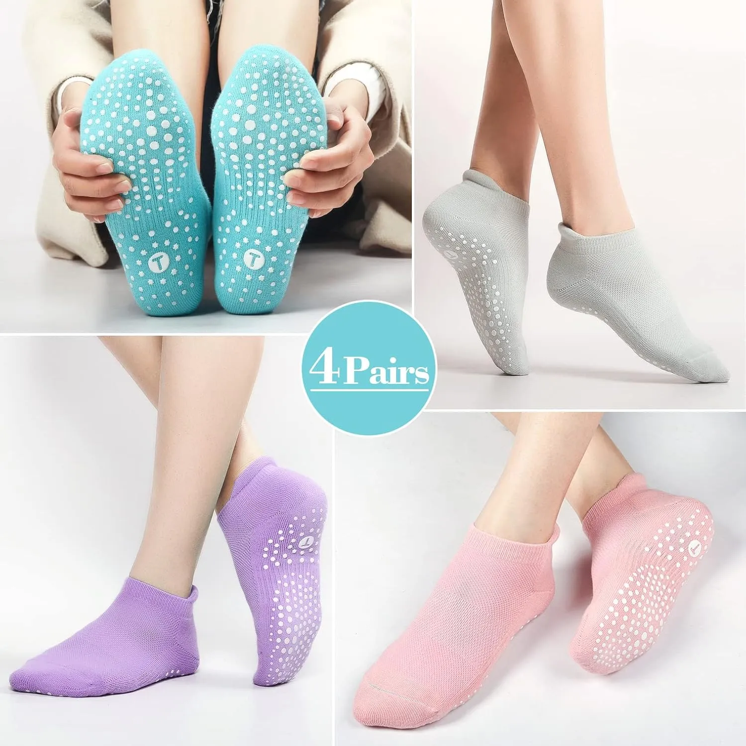 Pilates Socks for Women, Cushioned Ankle Grippy Non Slip Socks for Yoga, Hospital, Barre, Sports Home Slipper 2/4 Pairs