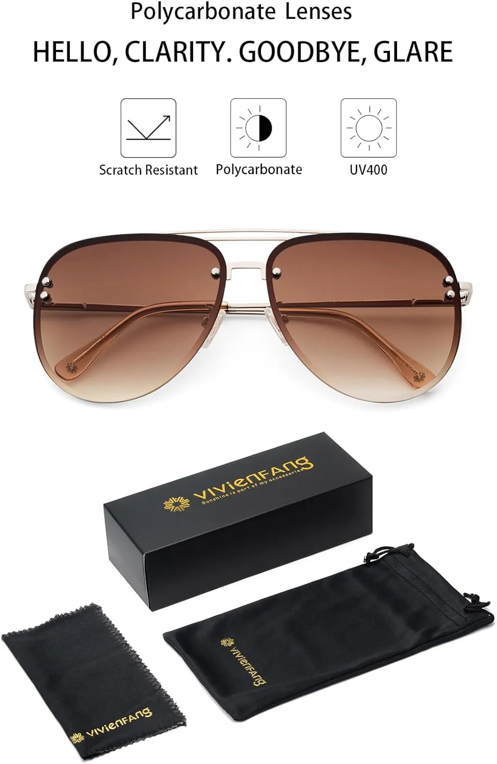 Premium Rimless Oversized Aviator Sunglasses for Women, Polarized PC Lens UV Protection Women’s Shade VF2203