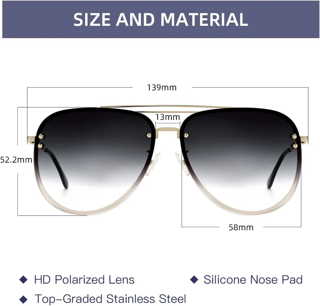 Premium Rimless Oversized Aviator Sunglasses for Women, Polarized PC Lens UV Protection Women’s Shade VF2203