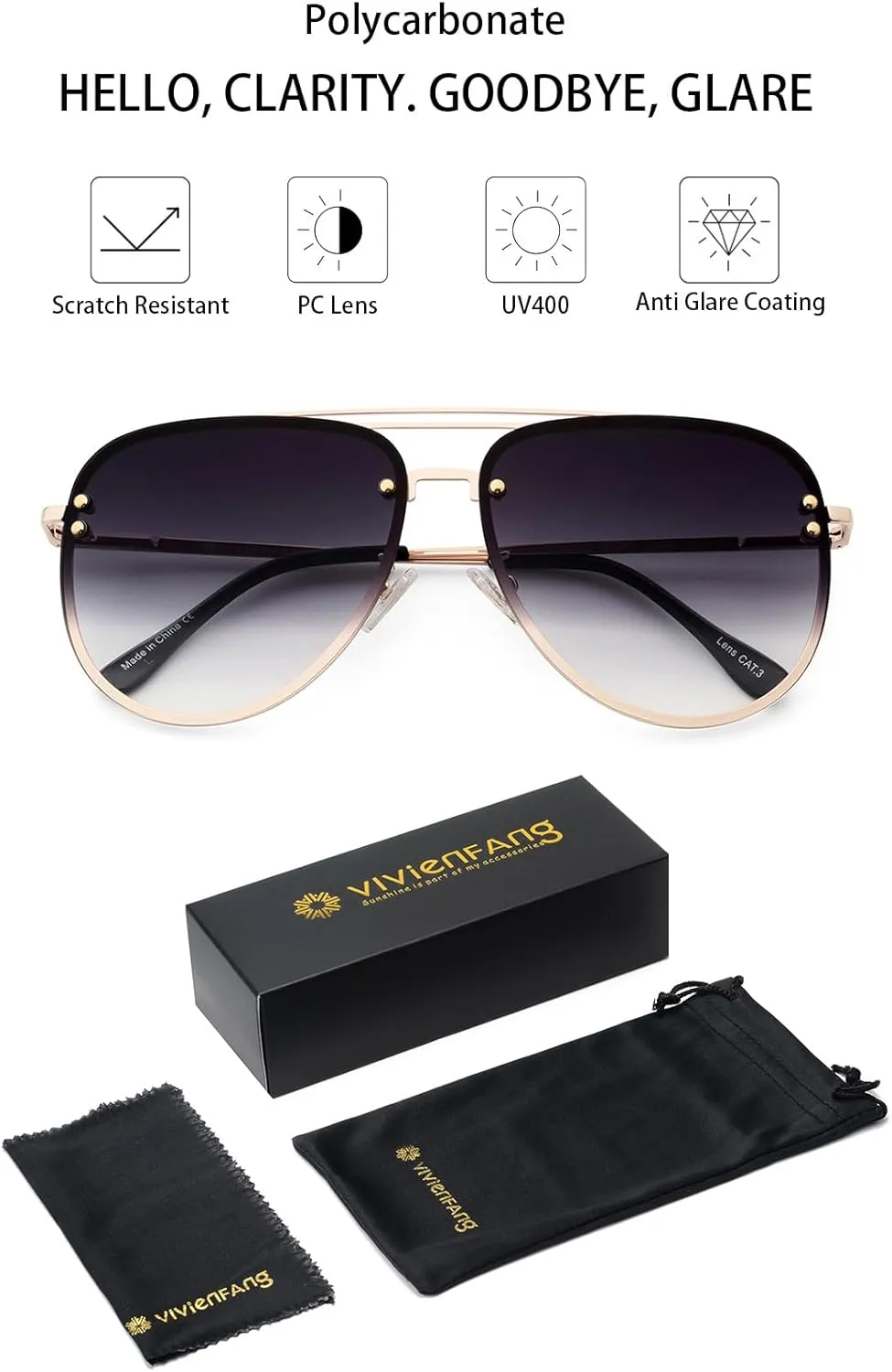 Premium Rimless Oversized Aviator Sunglasses for Women, Polarized PC Lens UV Protection Women’s Shade VF2203