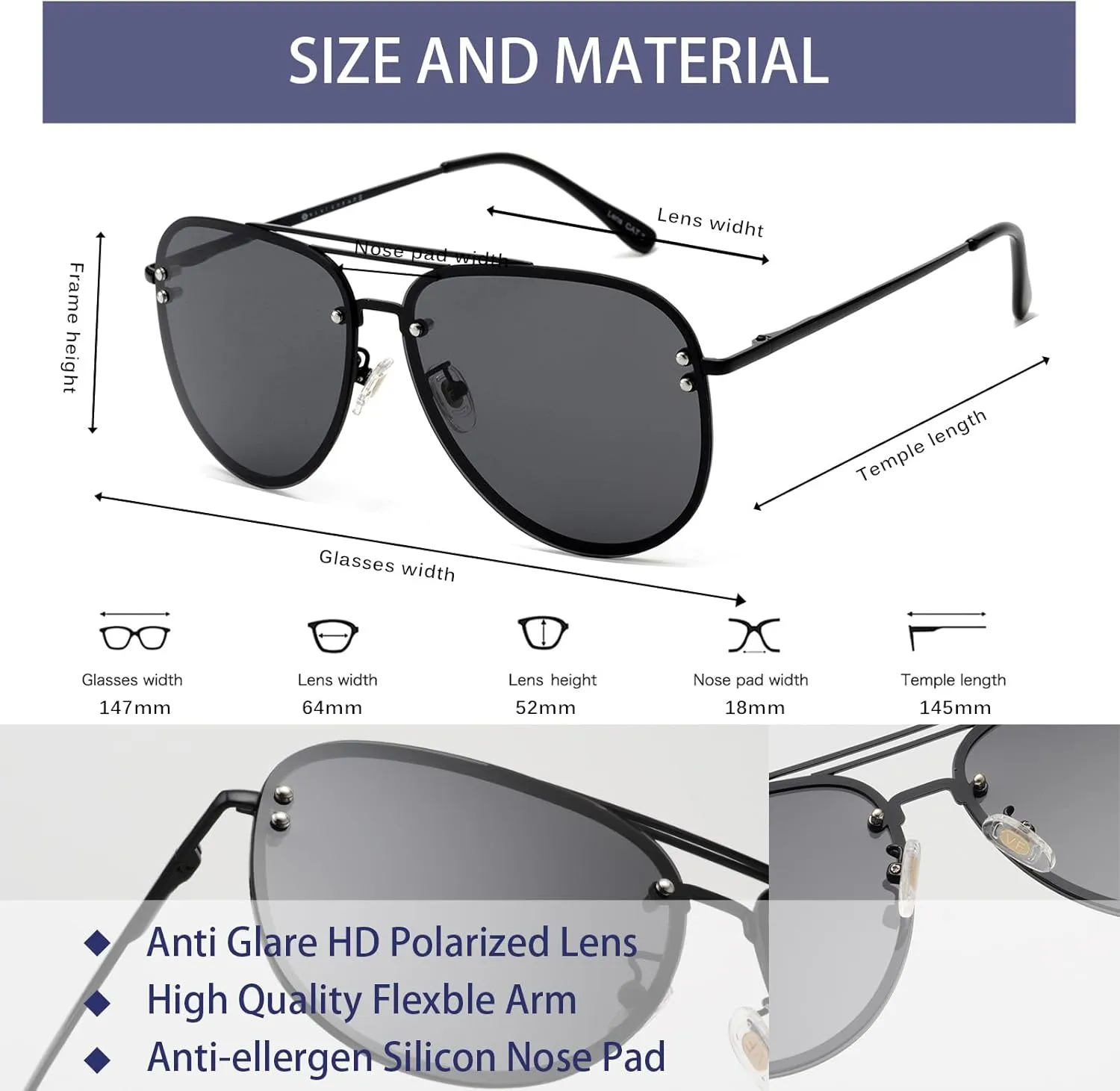 Premium Rimless Oversized Aviator Sunglasses for Women, Polarized PC Lens UV Protection Women’s Shade VF2203