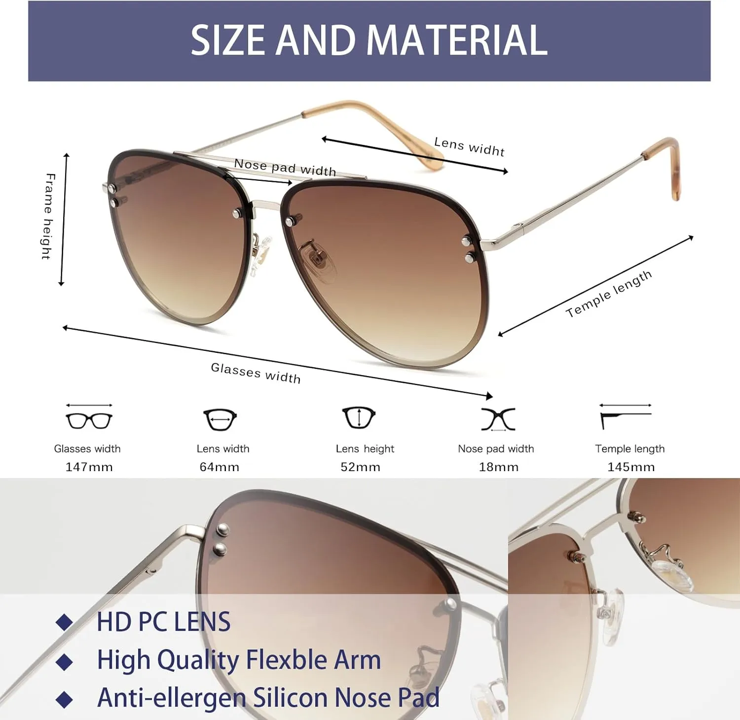 Premium Rimless Oversized Aviator Sunglasses for Women, Polarized PC Lens UV Protection Women’s Shade VF2203